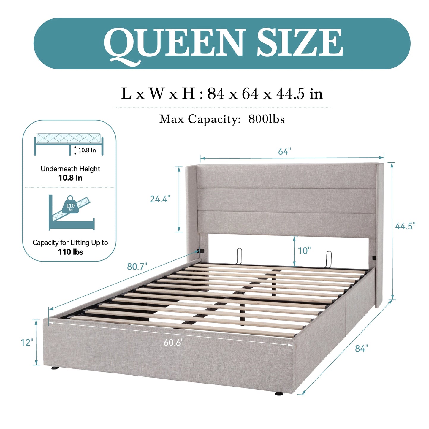 HOOMIC Lift Up Storage Bed With Hydraulic Wingback Headboard