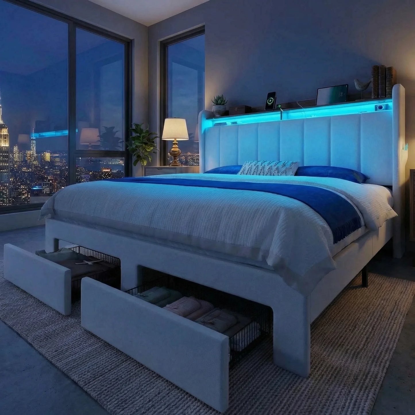 HOOMIC Bed Frame With Storage Drawers and LED Charging Station