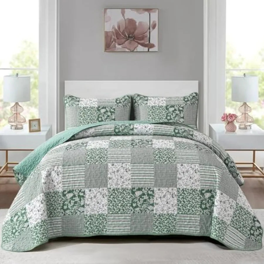 Cotton Quilt Set Patchwork Reversible Bedding 3 Pieces