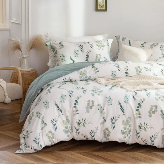 Sage Green Cotton Duvet Cover Set - 100% Washed Cotton with Eucalyptus Print and Zipper Closure, 3-Piece Comforter Cover