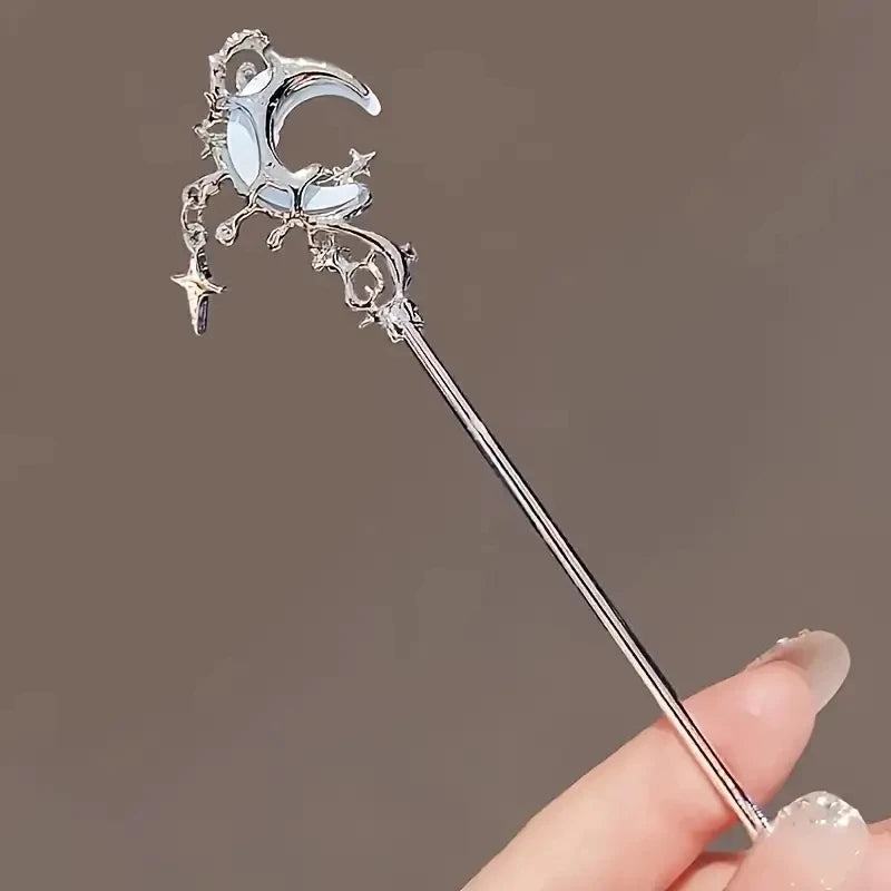 1/2pcs Romantic Moonstone Star and Moon Hair Sticks Chinese Style Cross Tassel Hairpin with Disk Design Elegant Hair Chopsticks