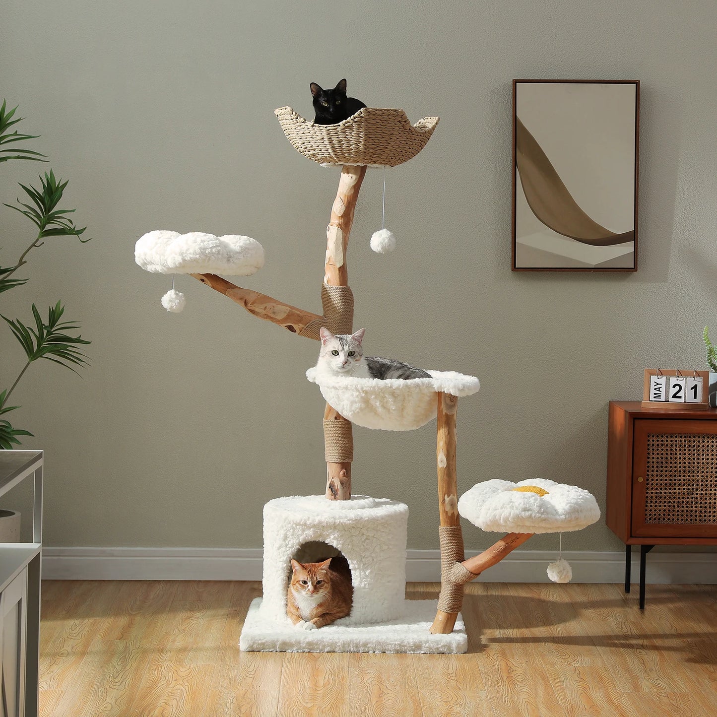 PEQULTICN Solid Wood Cat Tree Five Tier Modern Cat Tower