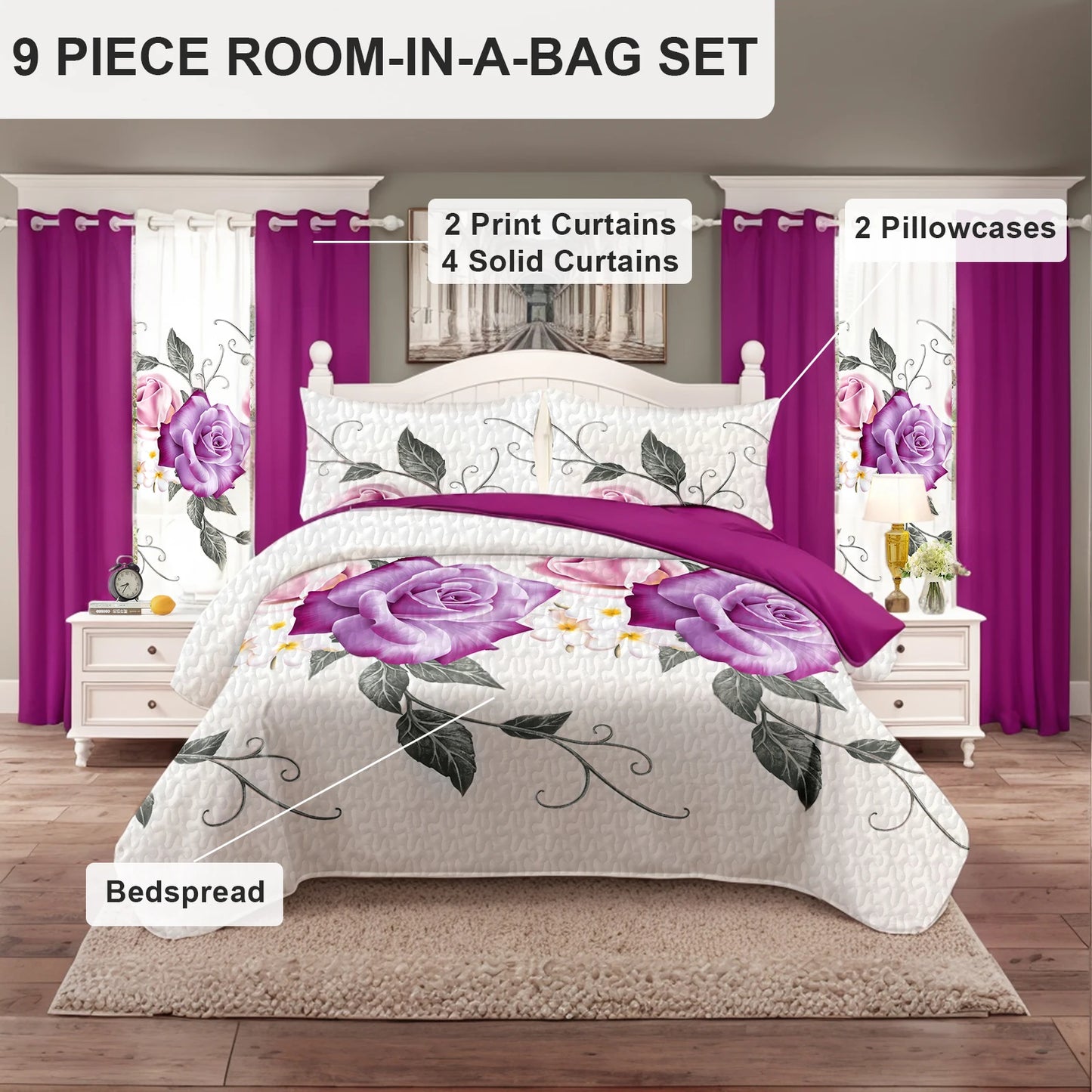 Nine Piece Polyester Bedding Set With Curtains And Pillowcases
