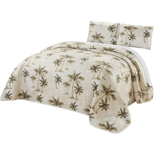 Fine Printed Oversize (100 X 92) Tropical Palm Tree Queen Size Quilt Set Reversible Bedspread Coverlet Bed Cover Beige