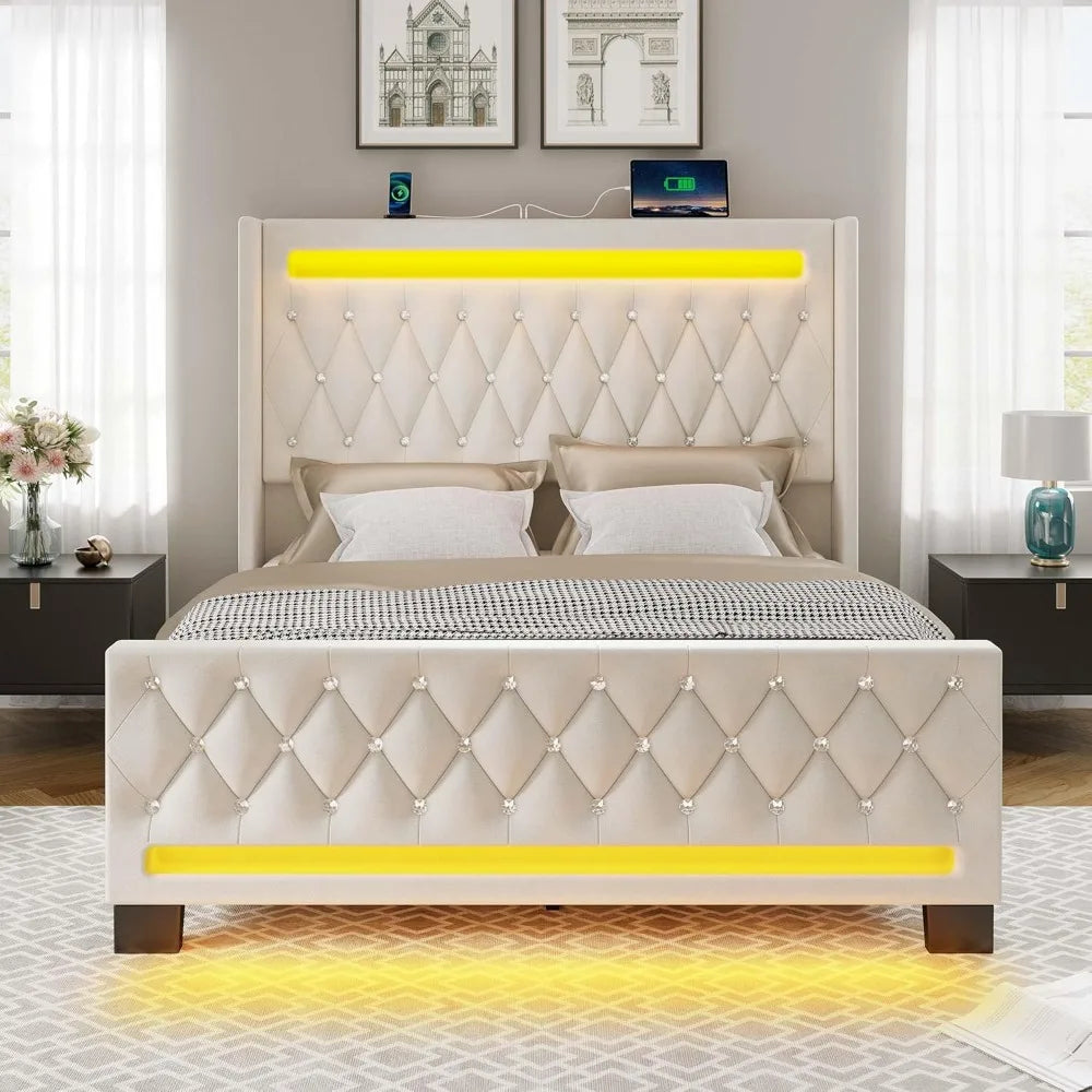 Luxury LED-Illuminated Queen Bed Frame with Upholstered Headboard and Footboard, Wood Slat Support, Silent Design