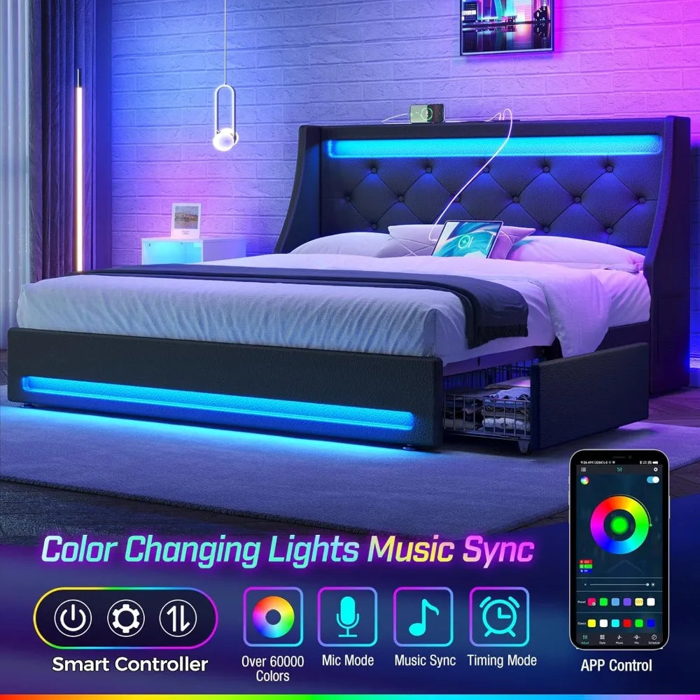 Luxury LED Bed Frame With Storage Drawers And Charging Station