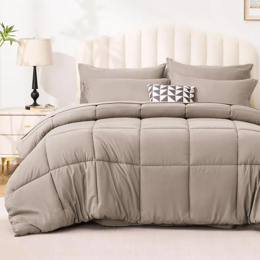 King Size Comforter Set Light Brown 7 Pieces King Bed in a Bag All Season Bedding Sets with 1 Comforter 1 Flat Sheet 1 Fitted S
