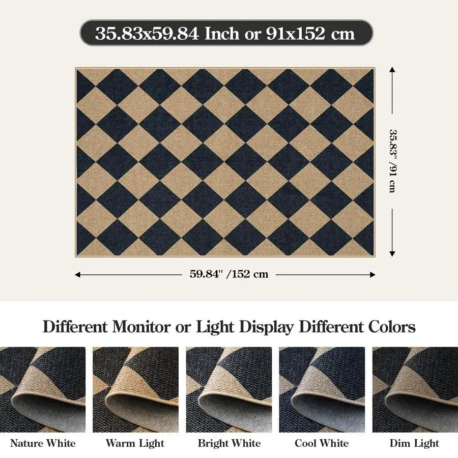 Checkered Jute Outdoor Rug For Patio And Entryway Washable