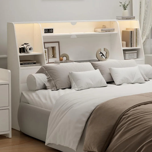 Wood Bookcase Headboard With Storage And Charging Station LED Lights