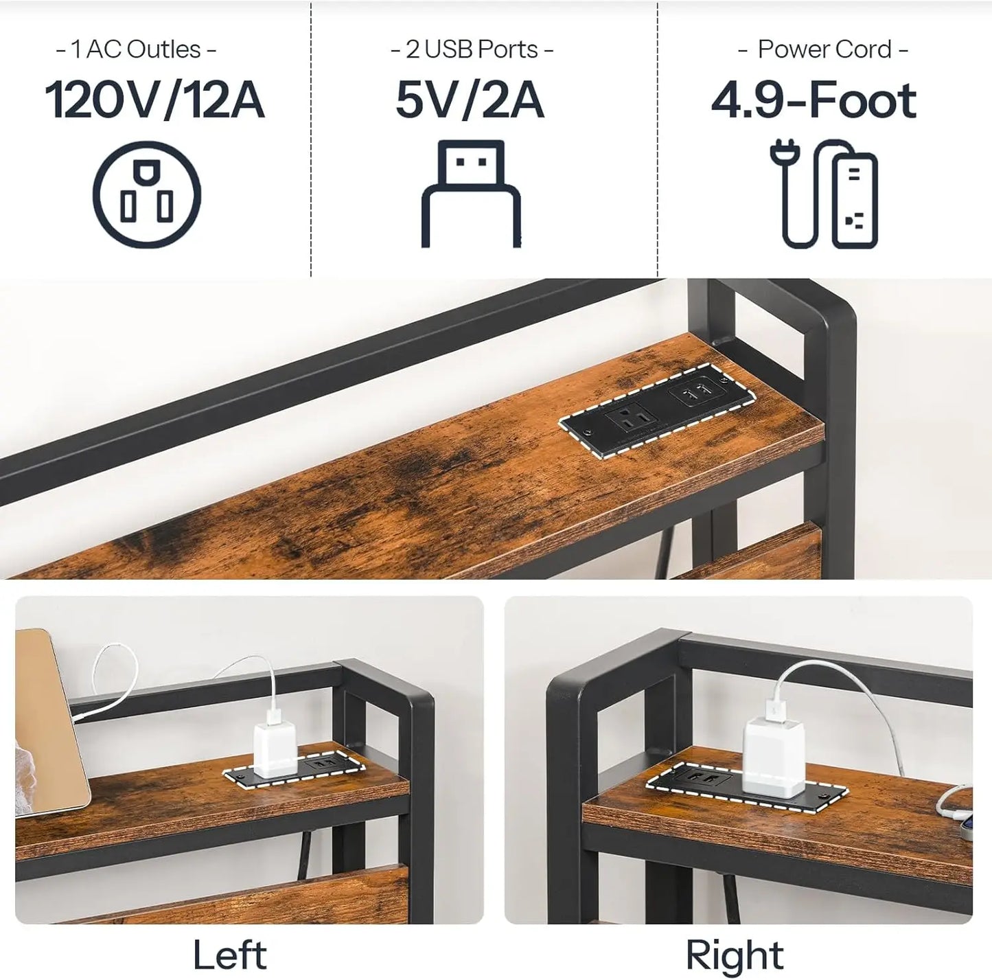 Headboard With Outlets And USB Ports Adjustable Height Storage Shelf