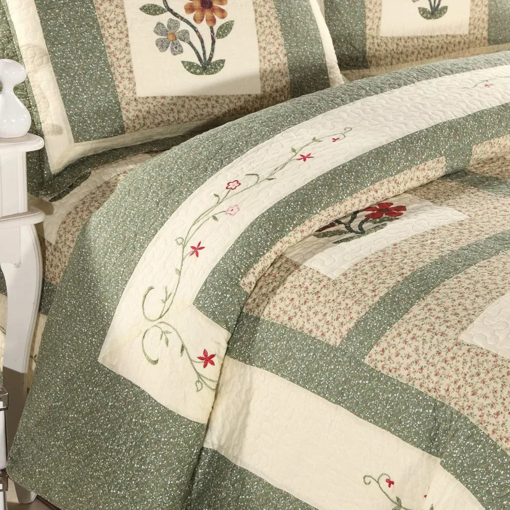 Embroidered Floral Quilted Bedspread Quilt Set 100 Percent Cotton