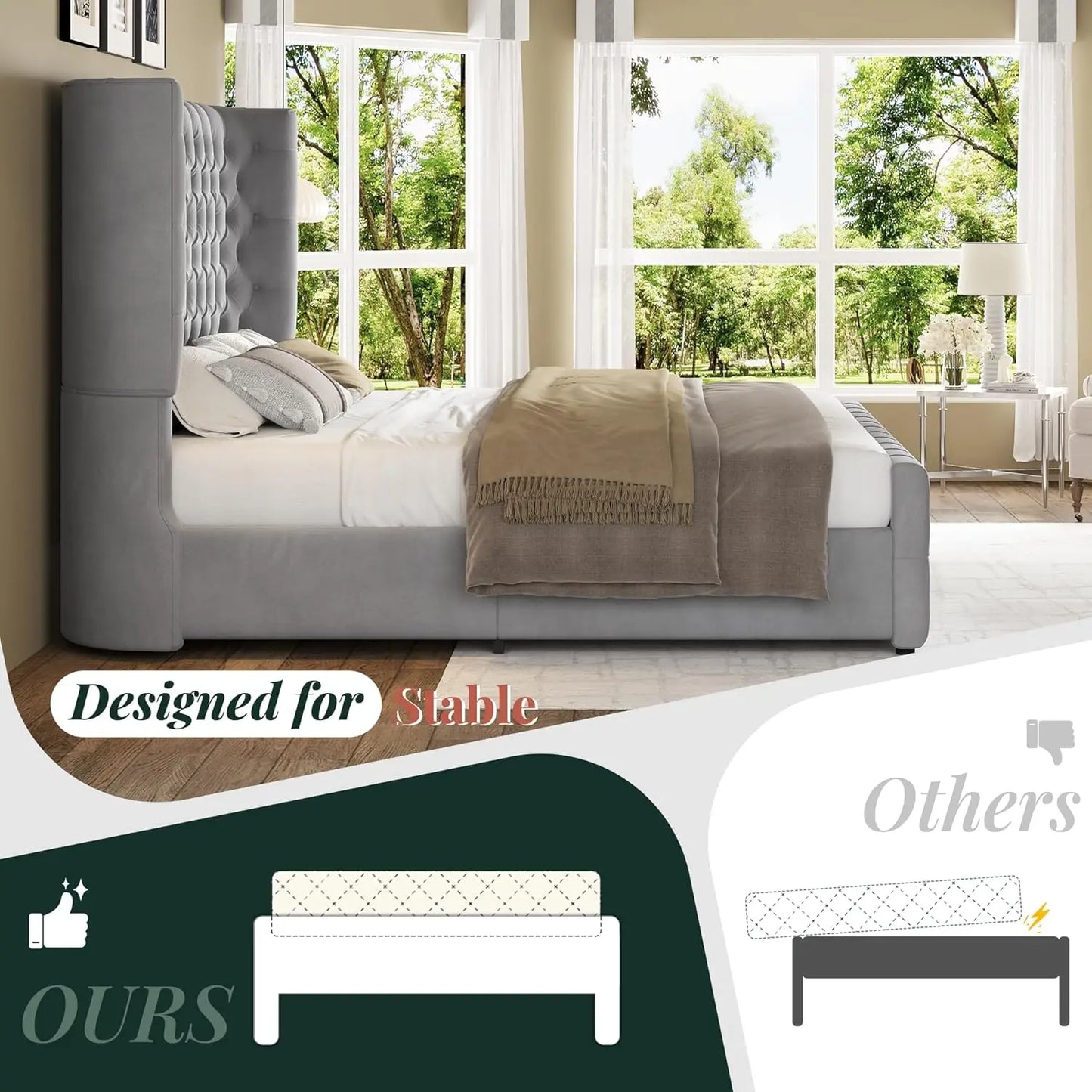 Platform Bed Frame With Upholstered Wingback Headboard Footboard Tufted