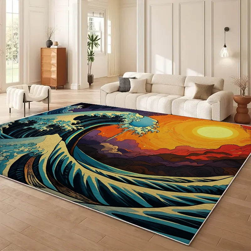VIKAMA Japanese Cherry Blossom Wave Sofa Carpet Non Slip Mat