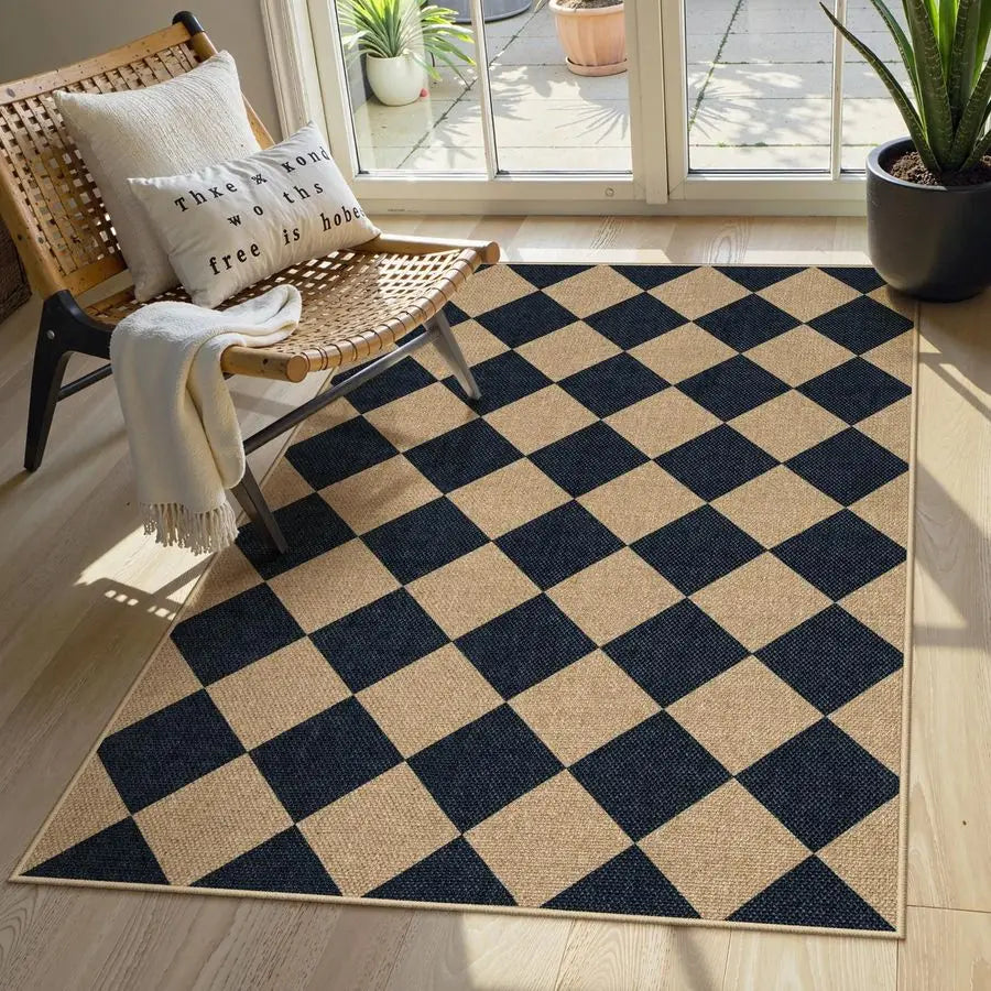 Checkered Jute Outdoor Rug For Patio And Entryway Washable