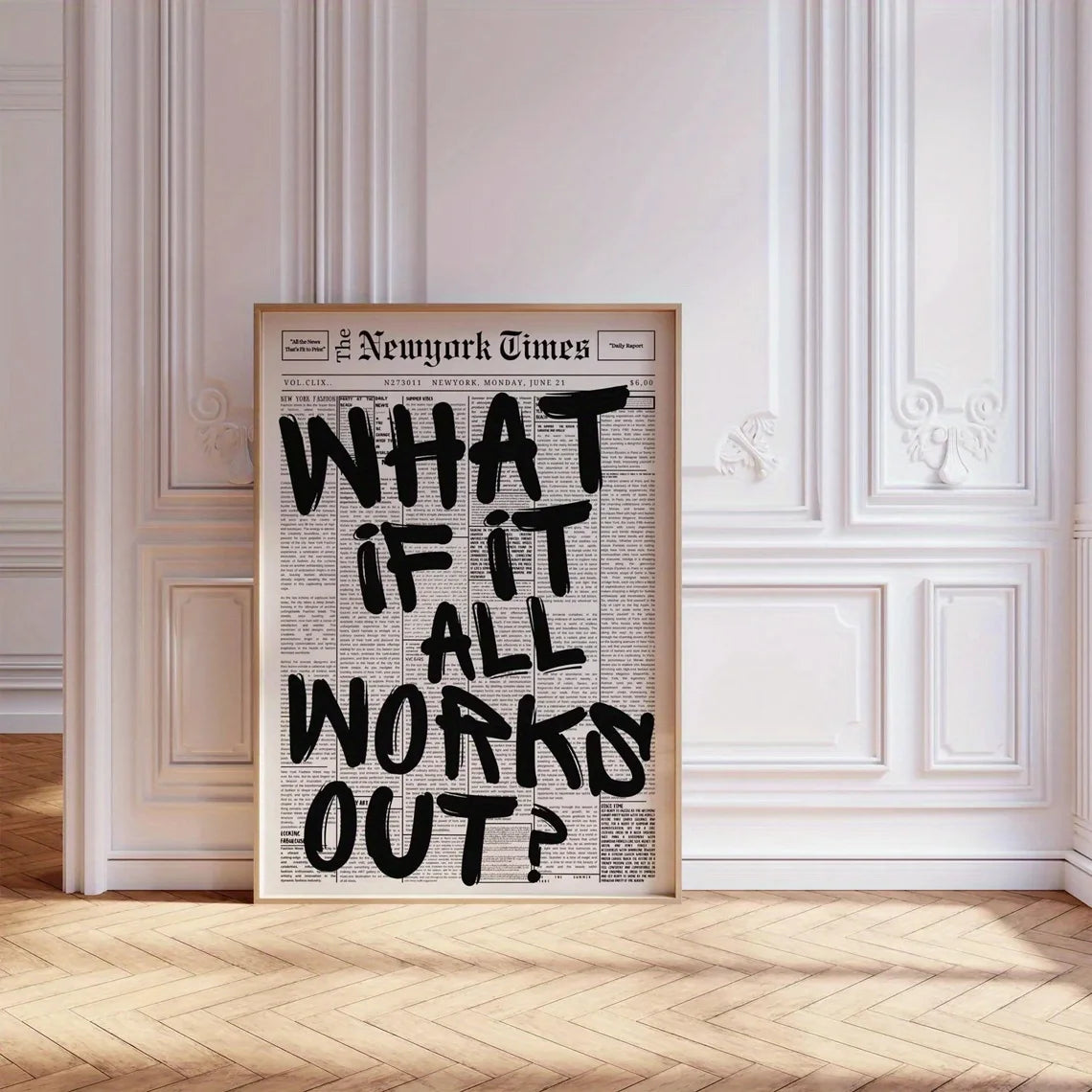 1PCS Modern Poster - "What If Everything Goes Well?" Black Positive Quote Printed on Newspaper Background, Decorative Poster