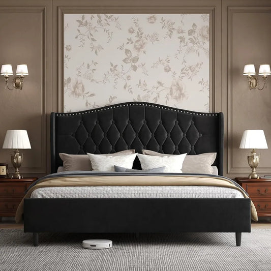Bed Frame With Upholstered Velvet Headboard Wingback And Nailhead Trim