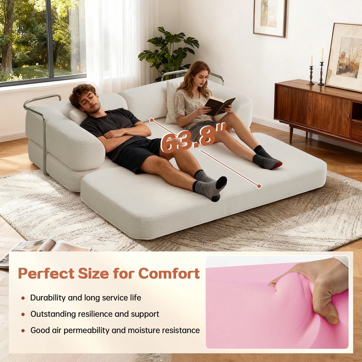 Futon Sofa Bed Foldable Convertible With L Shaped Armrests