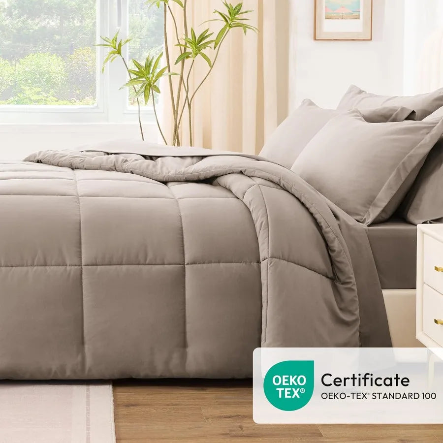 King Size Comforter Set Light Brown 7 Pieces King Bed in a Bag All Season Bedding Sets with 1 Comforter 1 Flat Sheet 1 Fitted S