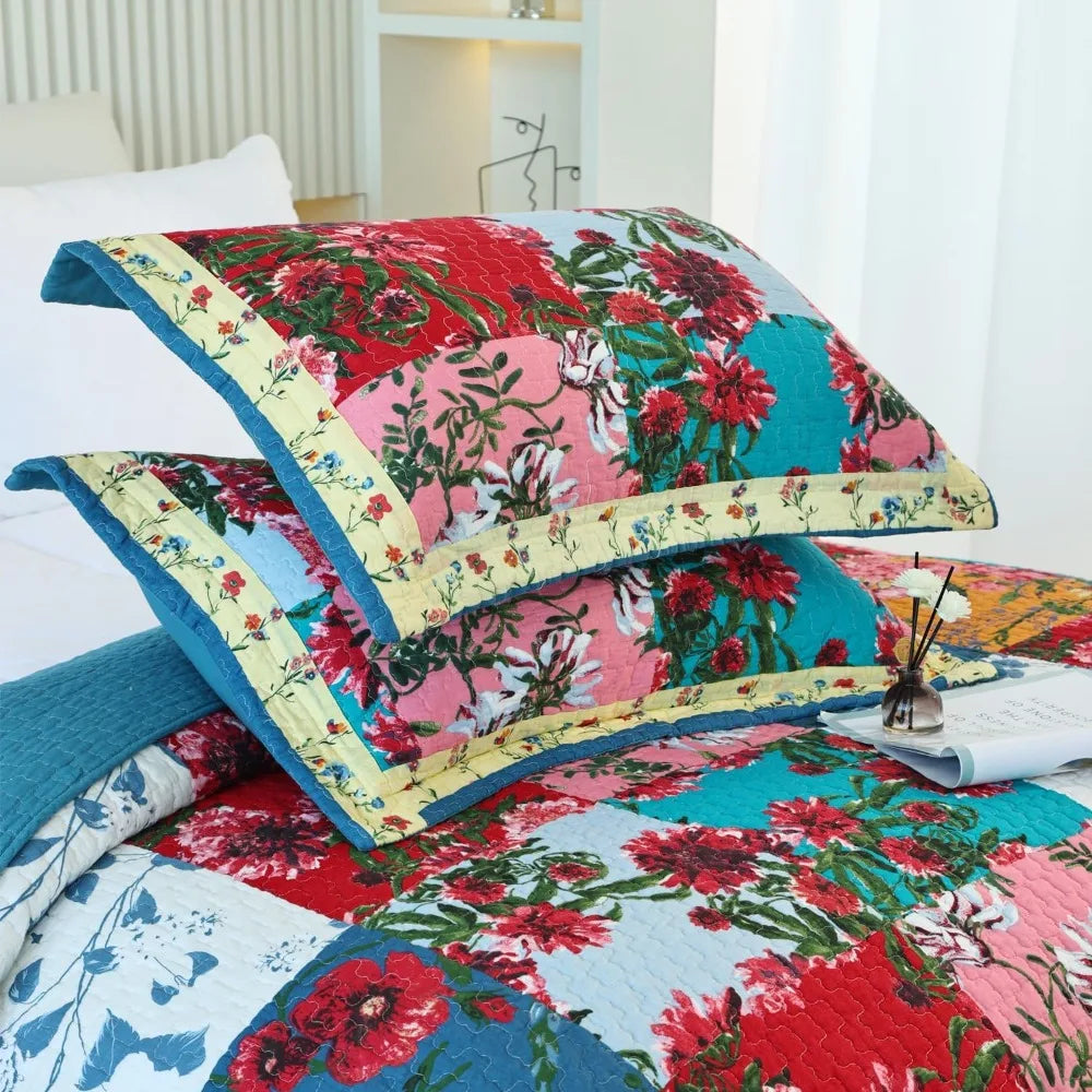 100% Cotton Patchwork Quilt Queen Size Set Lightweight Floral Queen Quilts Bedding Set Bedspread Coverlet Reversible Bed