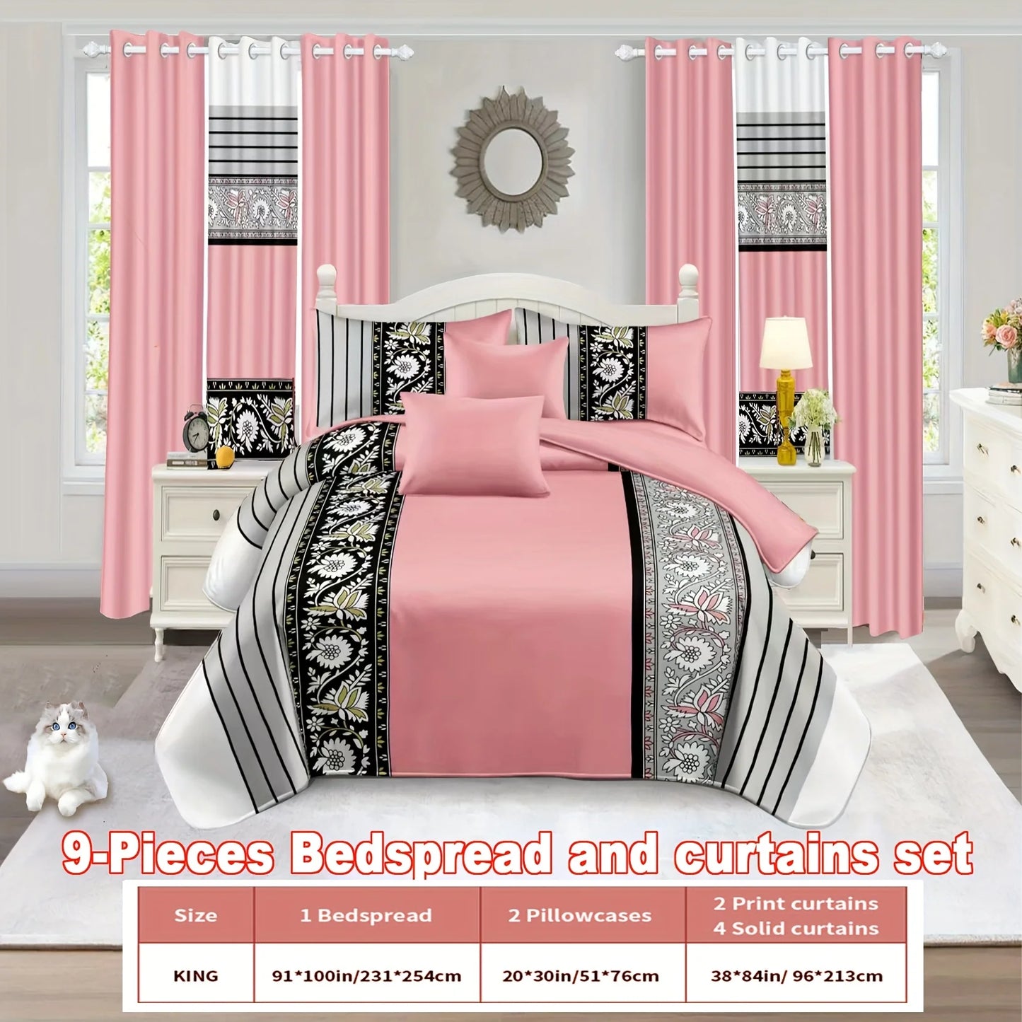 9 Piece Bedspread And Curtain Set With Patterned Bedspread And Pillowcases