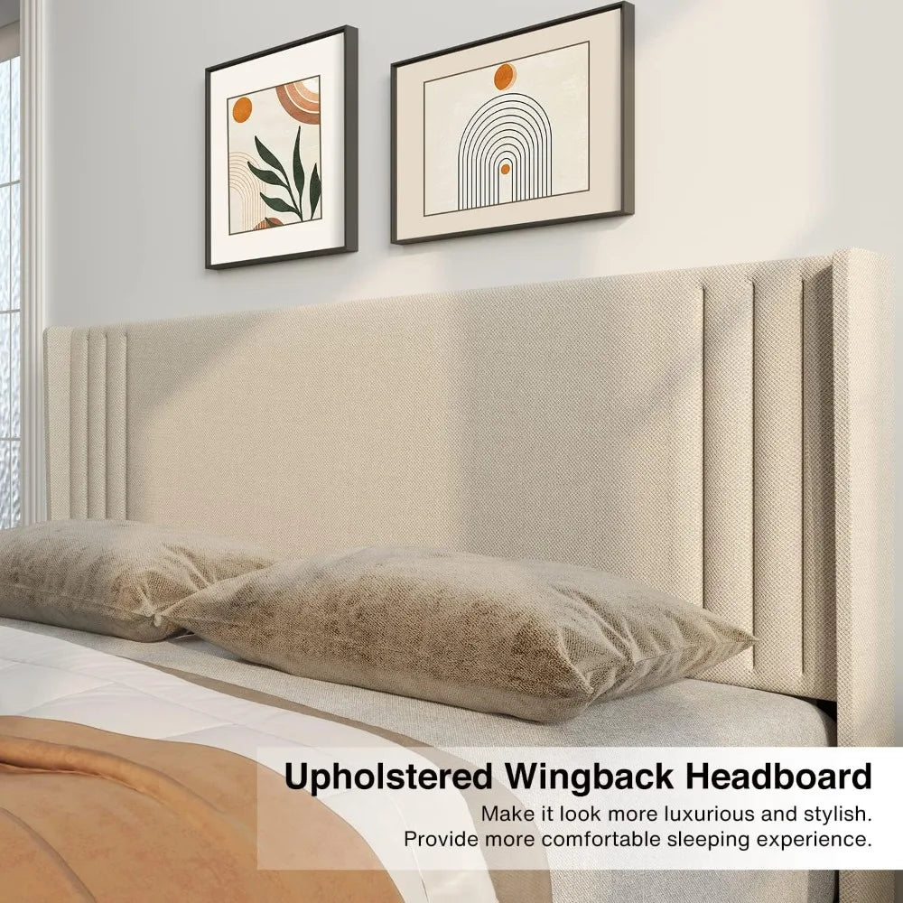 NONECN Wingback Upholstered Bed Frame With Slats And Easy Assembly