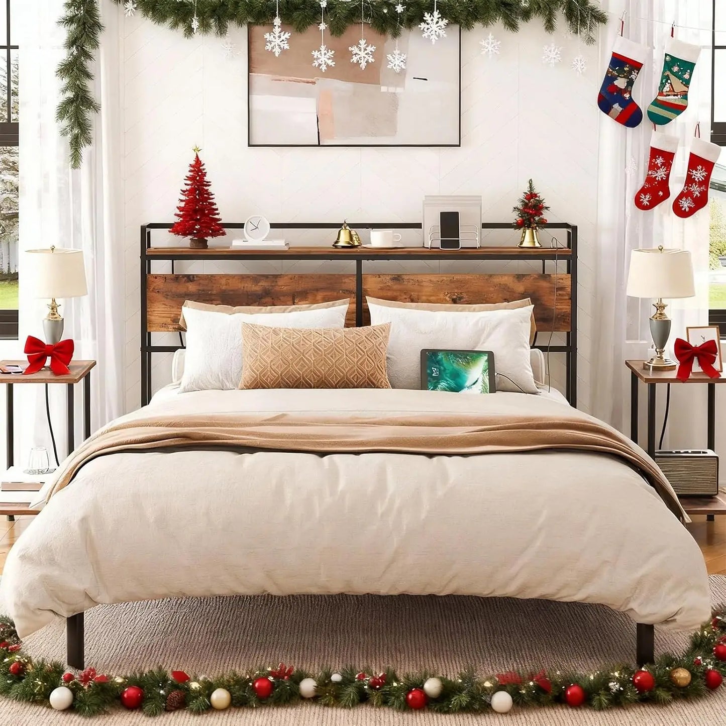 Headboard With Outlets And USB Ports Adjustable Height Storage Shelf