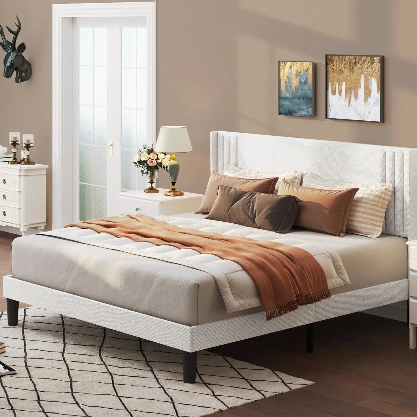 NONECN Wingback Upholstered Bed Frame With Slats And Easy Assembly