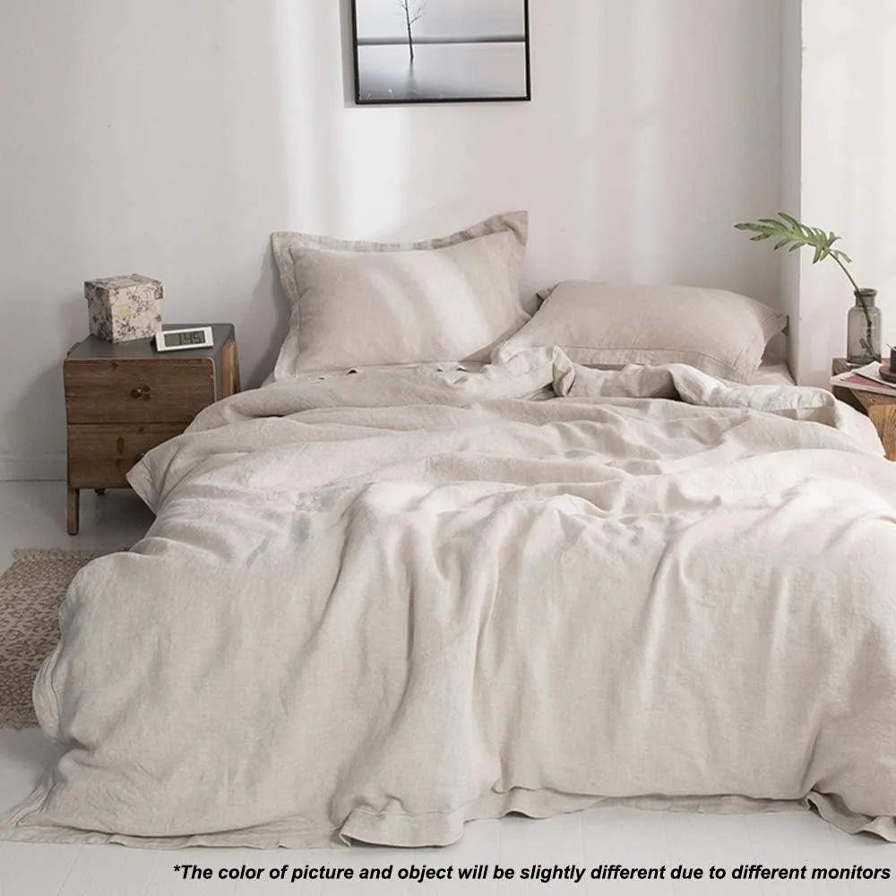 Linen Duvet Cover Set Embroidered Washed With Button Closure