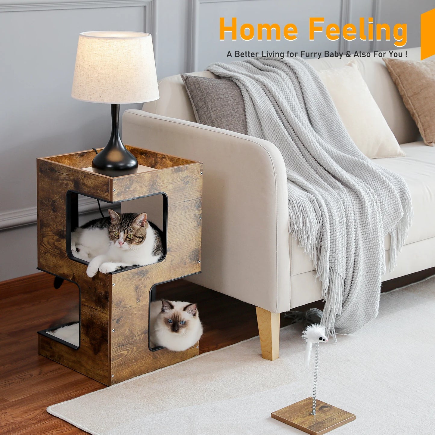 PAWZ Road Wood Cat Condo House Cat Tree With Removable Mats And Scratching Pad