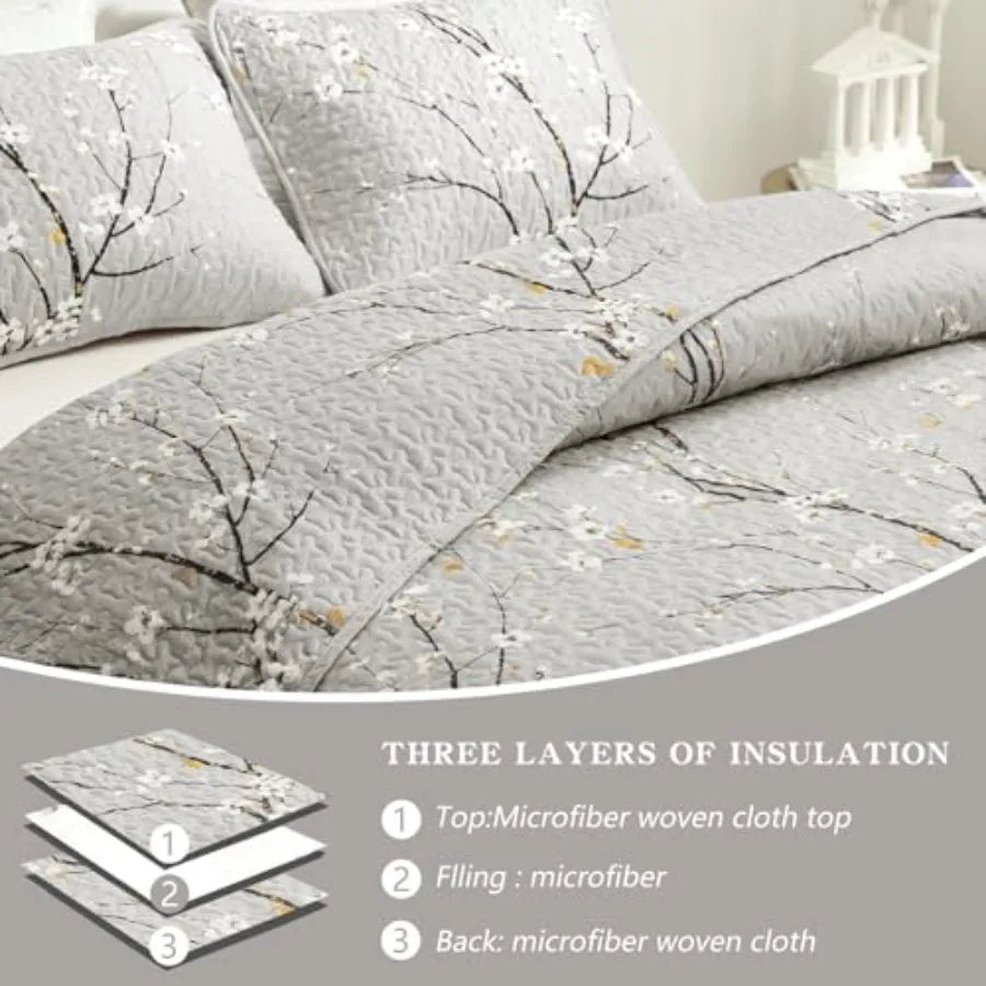 Three Piece Reversible Quilt Set 100 Percent Cotton Floral Branch Pattern