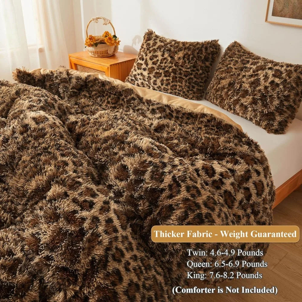 Cheetah Print Fluffy Faux Fur Duvet Cover Set 3 Pieces