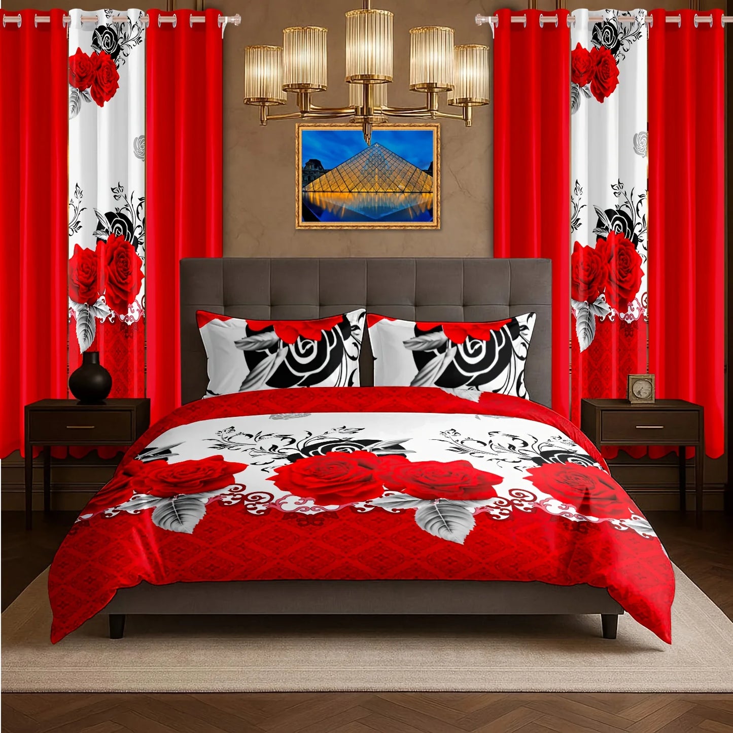 Romantic Luxury Bedding 9Pcs Set With Blackout Curtains