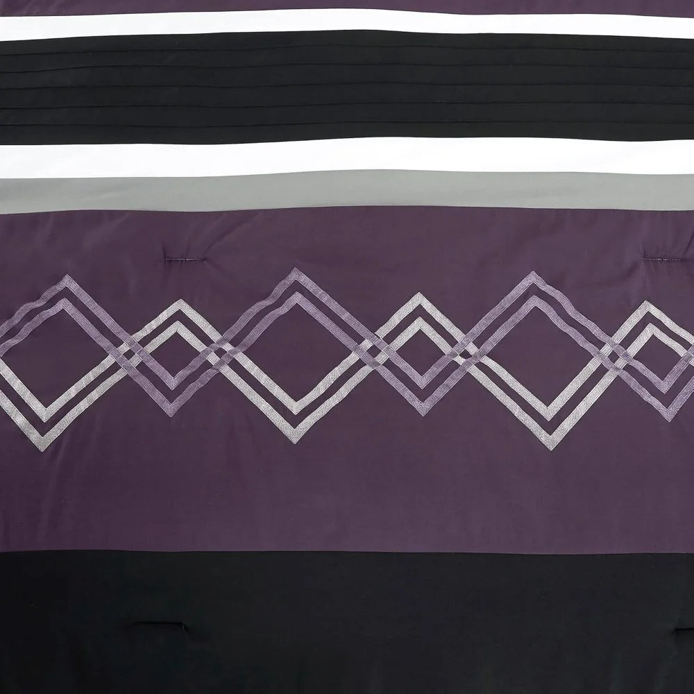 7 Piece Modern Pleated Stripe Embroidered Zigzag Bedding Comforter Set