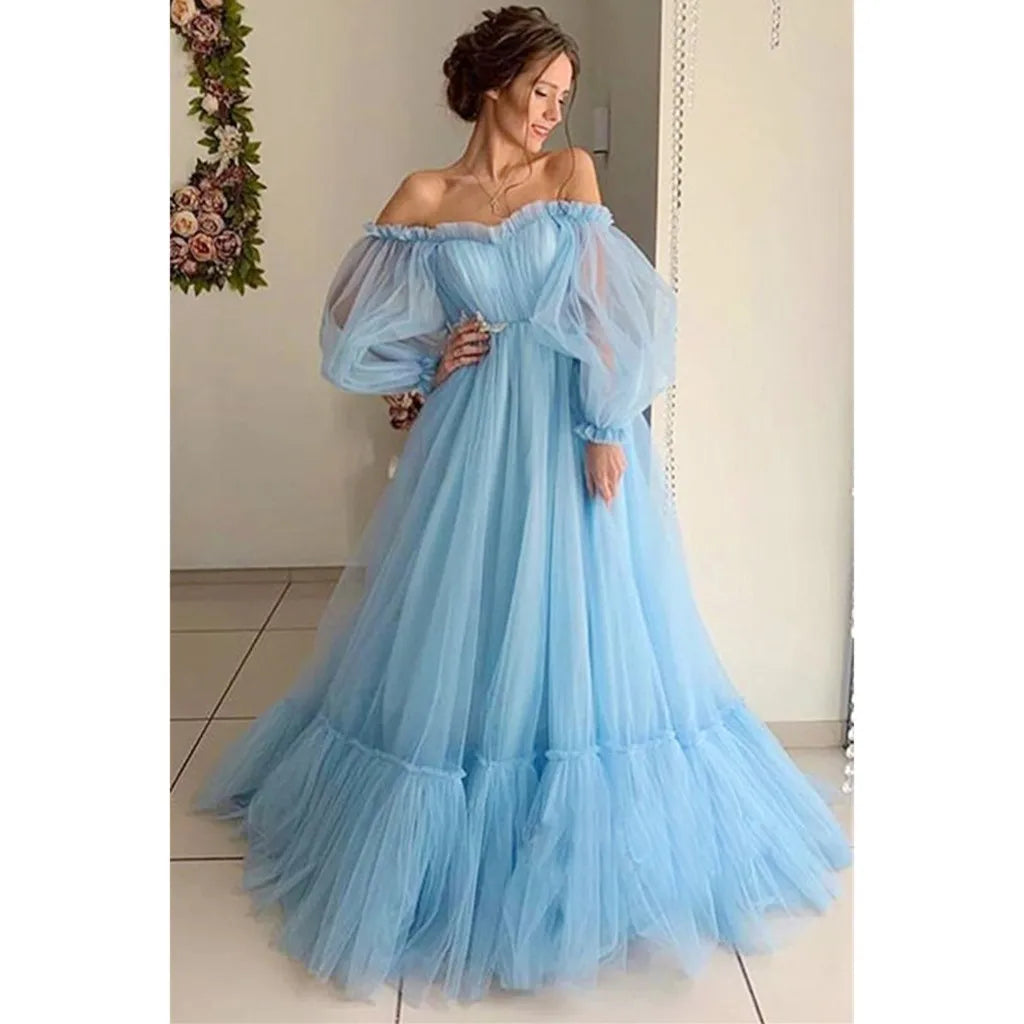 2023 Elegant Party Mesh Dress Prom Dresses Solid Color Slash Neck Love Tulle Tea Length Wedding Party Graduation Fairycore Dress