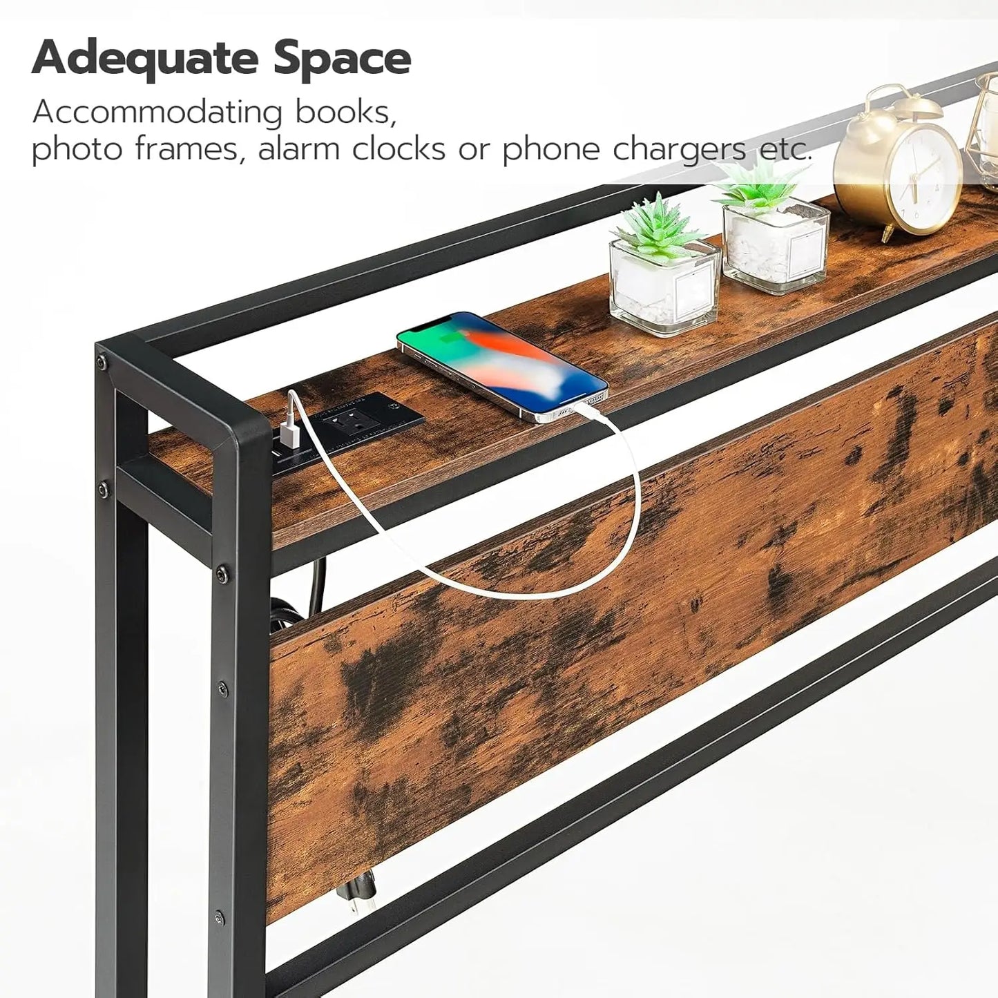 Headboard With Outlets And USB Ports Adjustable Height Storage Shelf