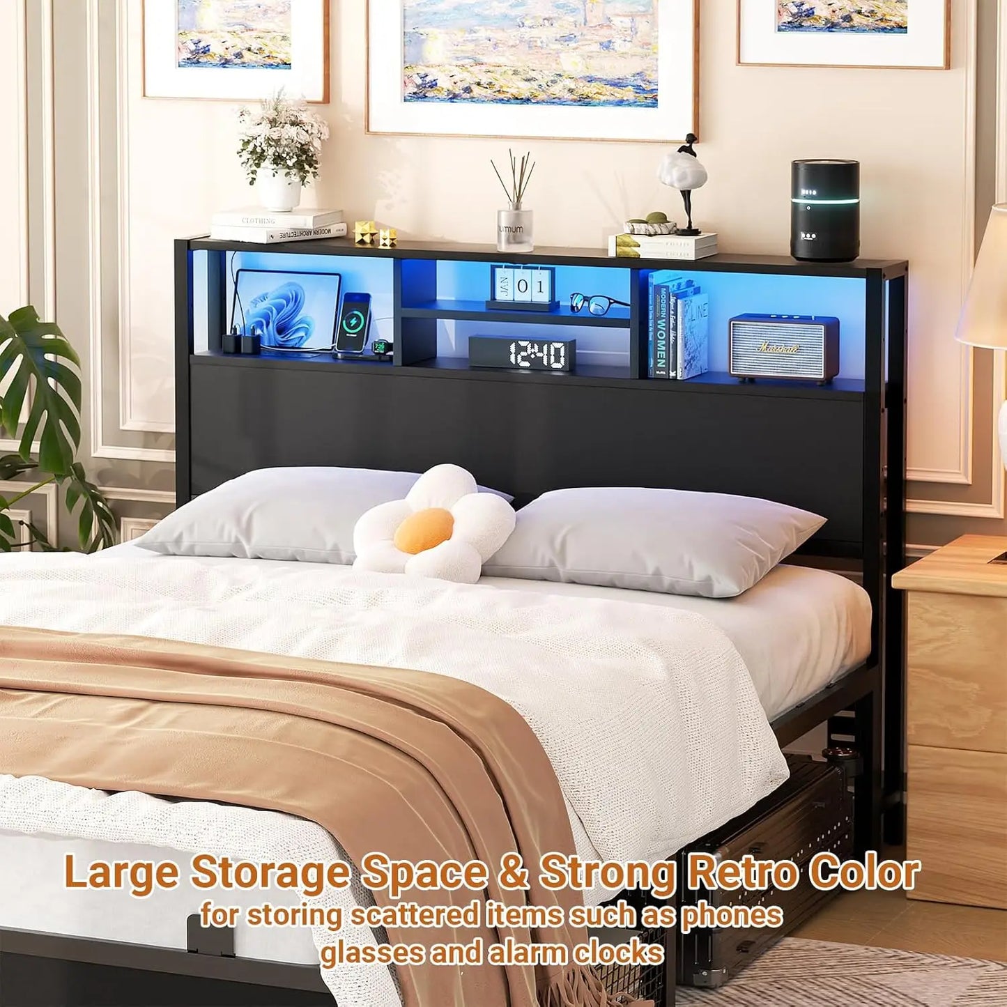 Bed Headboard With Storage Outlets USB LED Light Adjustable Height