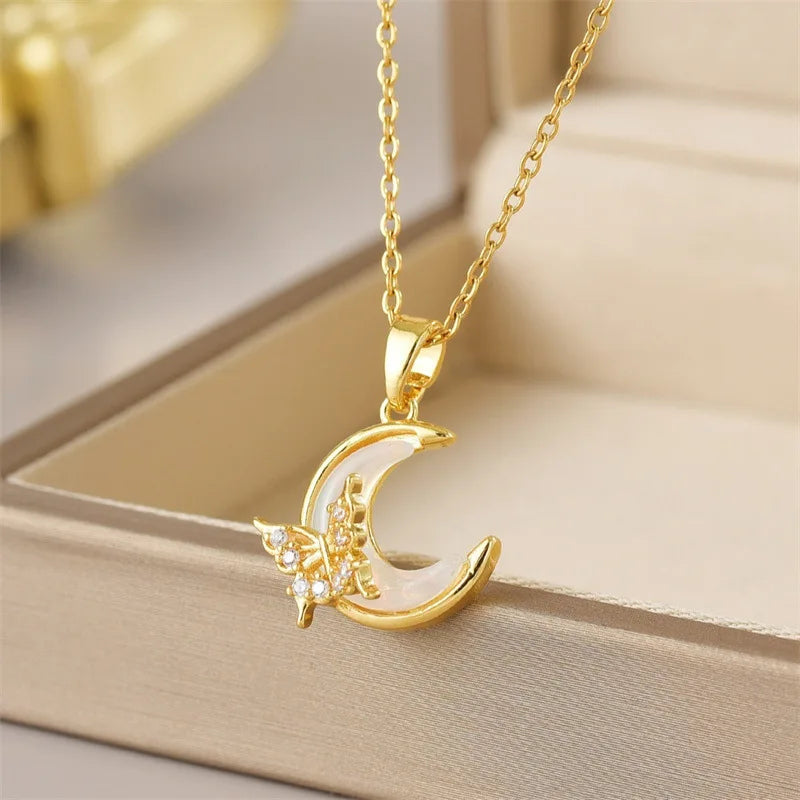 NONECN Zircon Moon Butterfly Necklace Collarbone Chain
