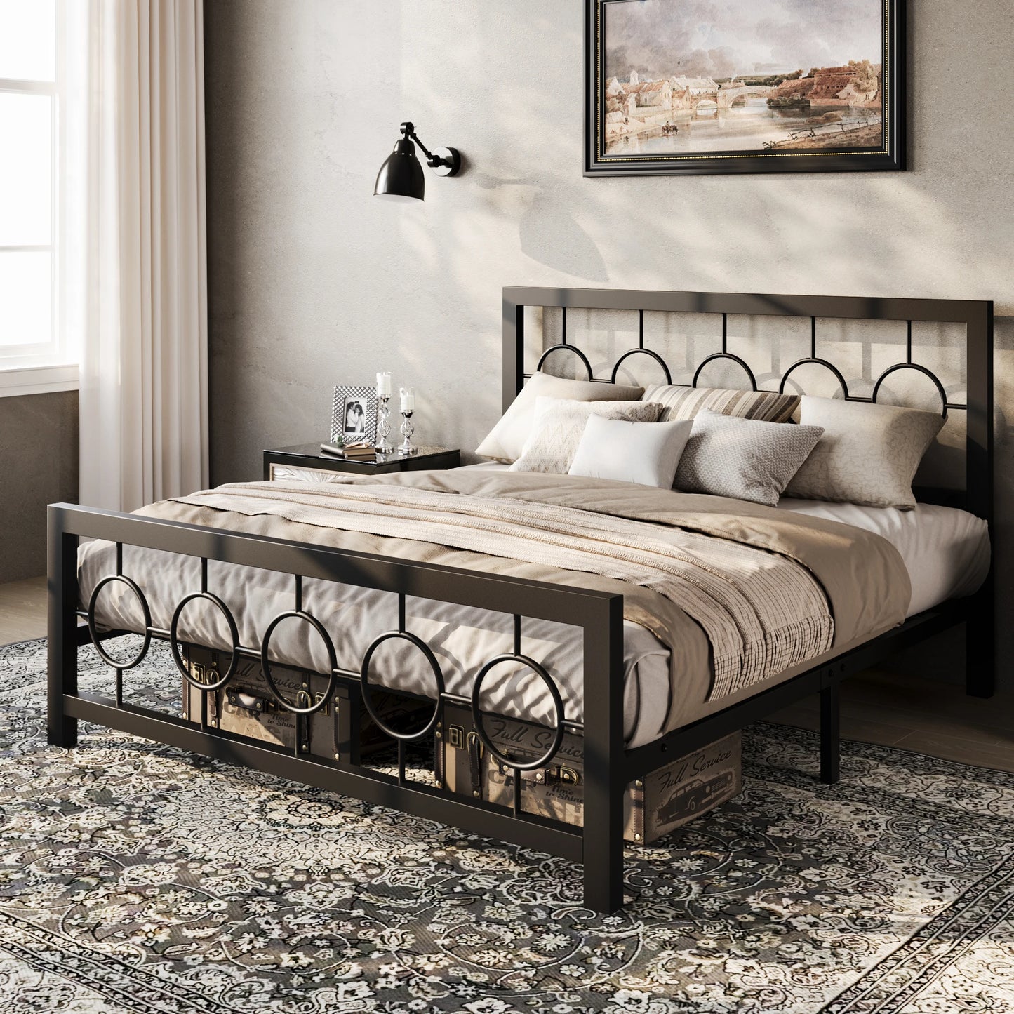 HOOMIC Metal Platform Bed Frame With Vintage Circular Design Headboard