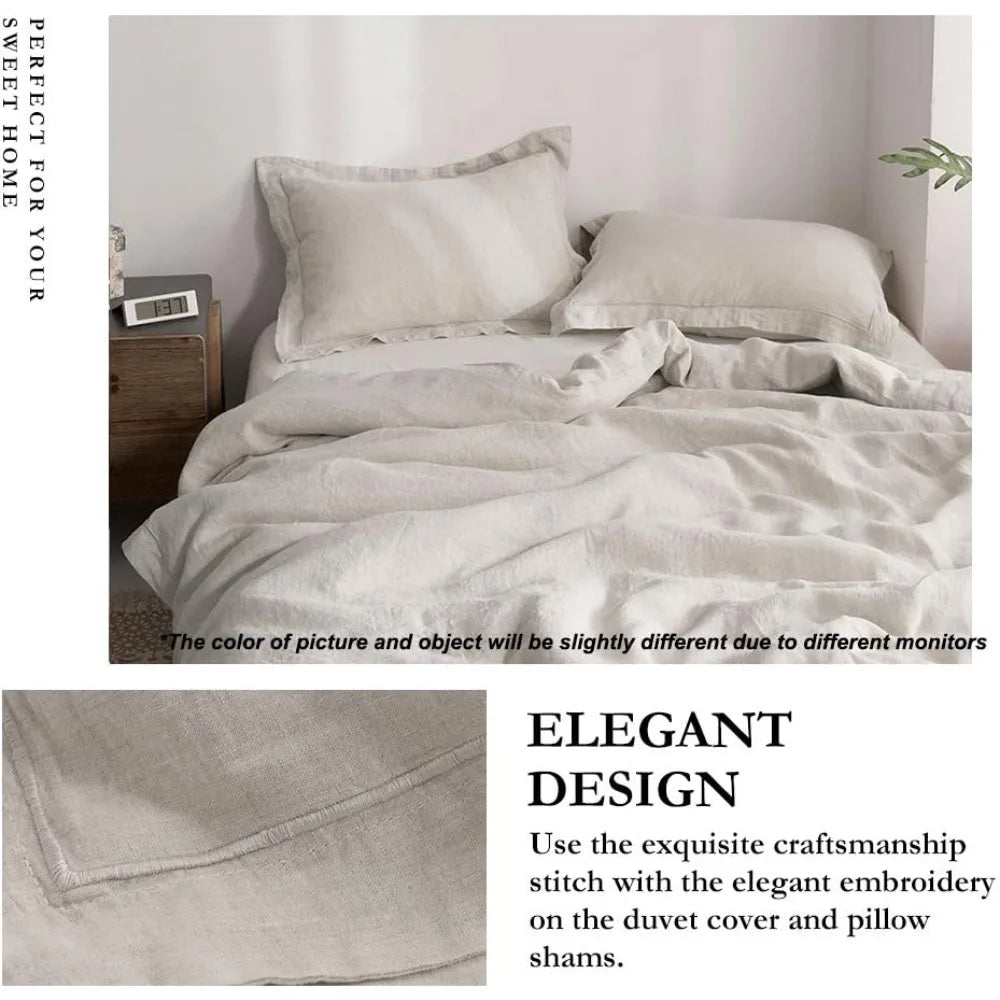 Linen Duvet Cover Set Embroidered Washed With Button Closure