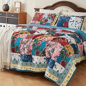 100% Cotton Patchwork Quilt Queen Size Set Lightweight Floral Queen Quilts Bedding Set Bedspread Coverlet Reversible Bed