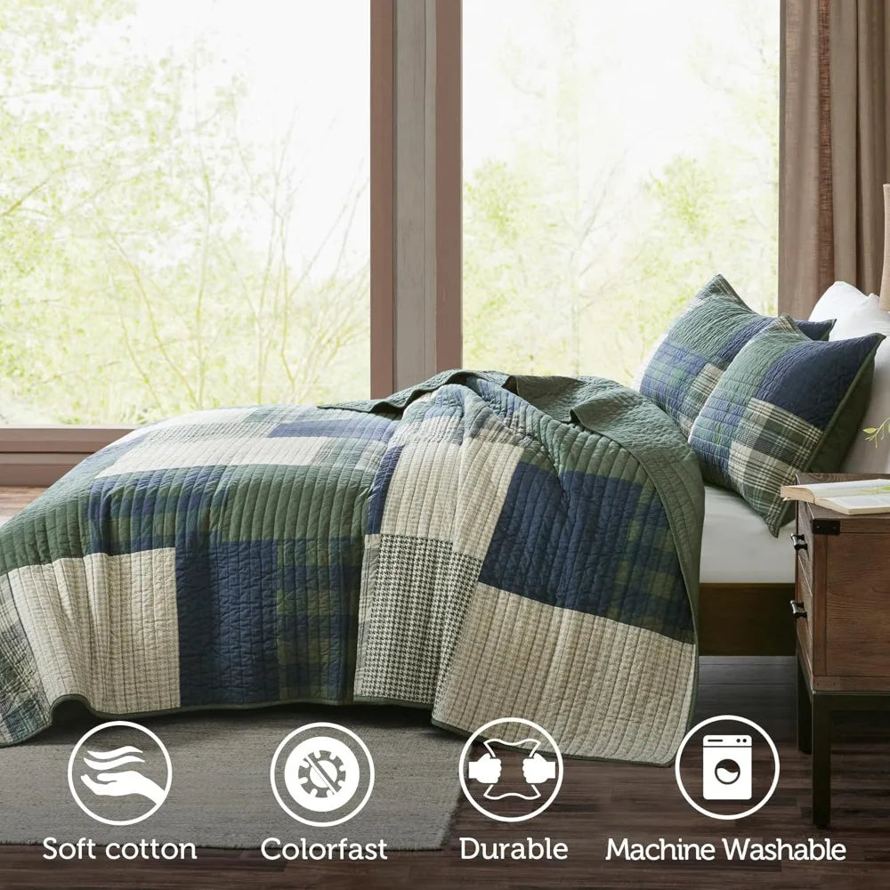 Patchwork Quilt Set With Channel Quilting 100 Percent Cotton Coverlet