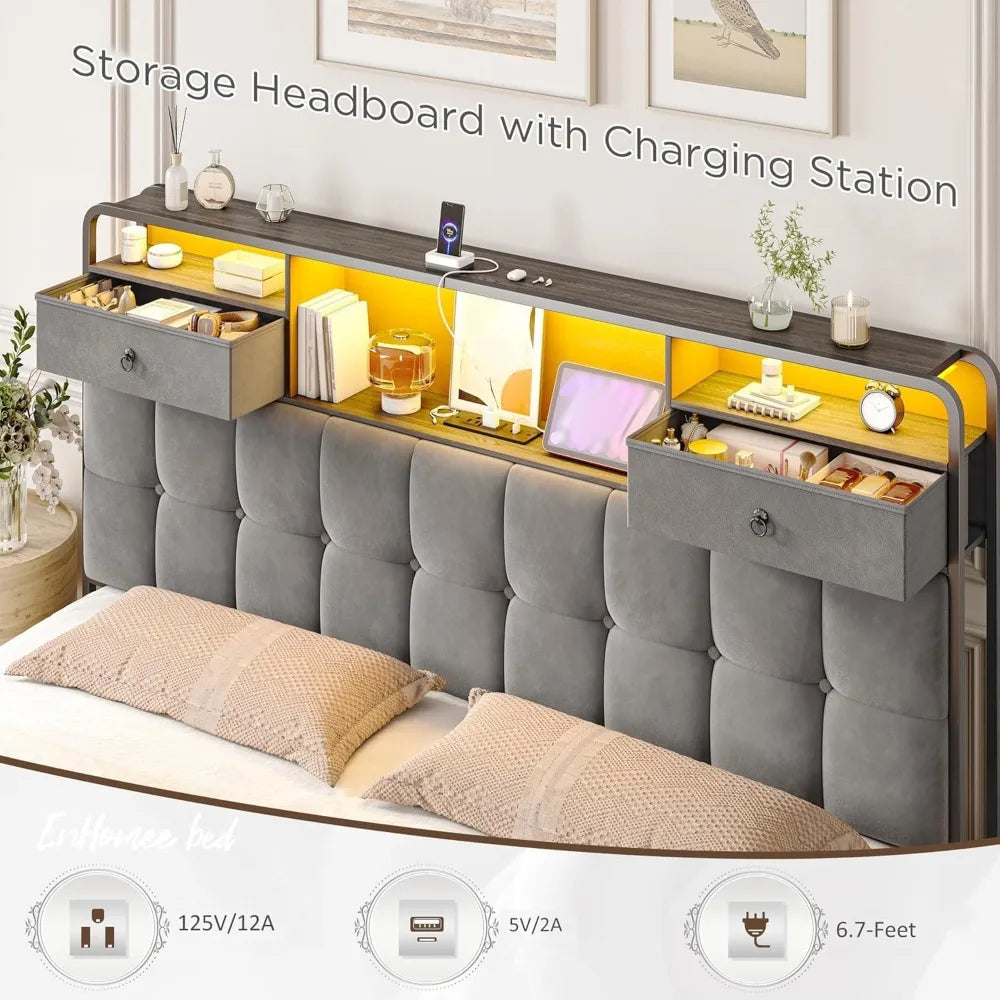 King Size Bed Frame with Upholstered Headboard and 6 Storage Drawers, Bed Frame with LED Lights and Charging Station