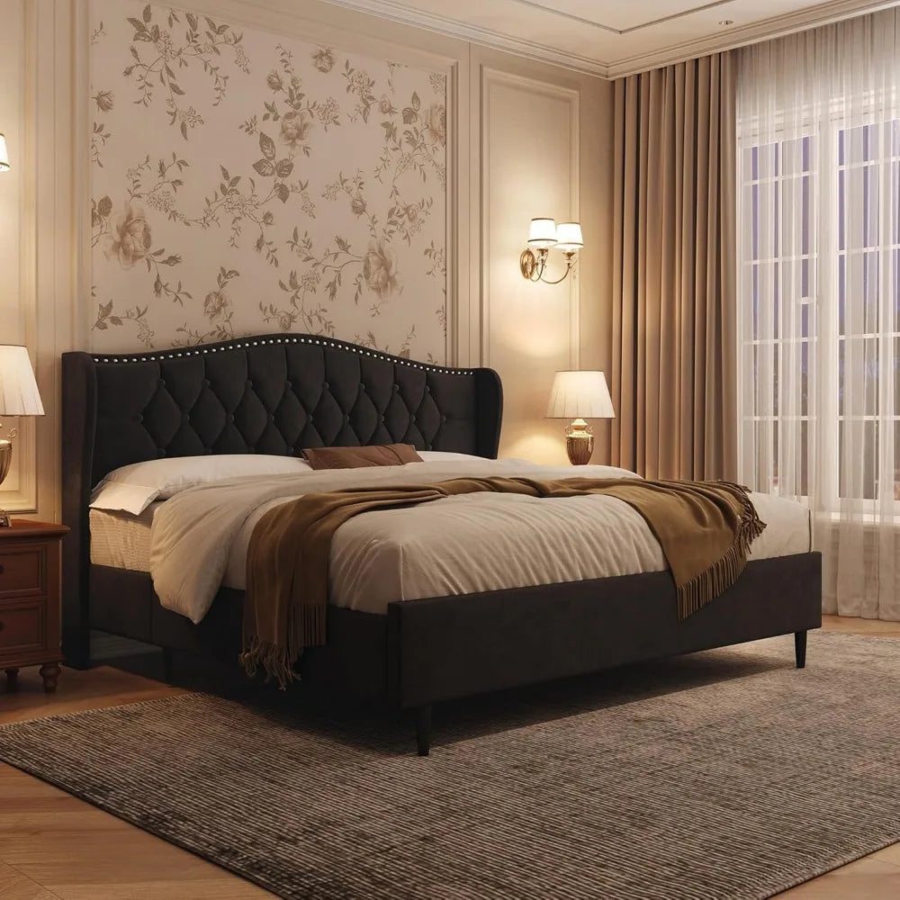Bed Frame With Upholstered Velvet Headboard Wingback And Nailhead Trim