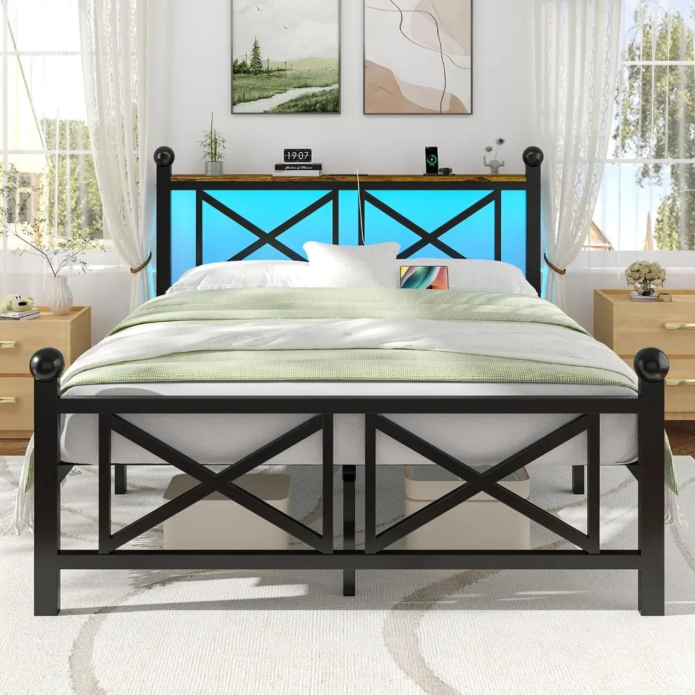 Sturdy Metal Bed Frame With LED Lighting And Charging Station
