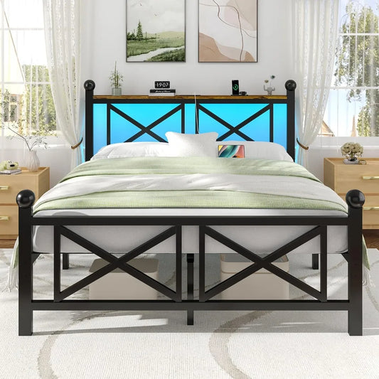 Sturdy Metal Bed Frame With LED Lighting And Charging Station