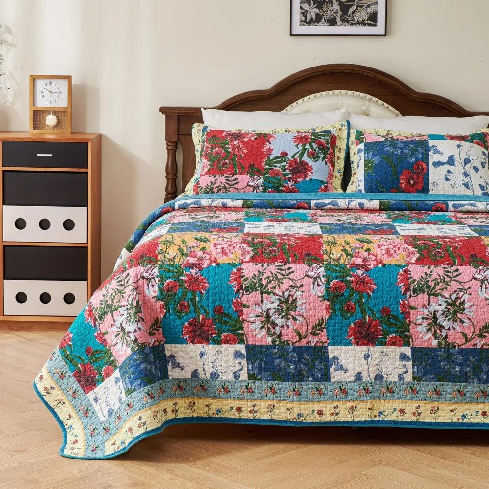 100% Cotton Patchwork Quilt Queen Size Set Lightweight Floral Queen Quilts Bedding Set Bedspread Coverlet Reversible Bed