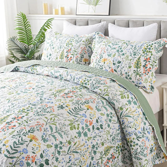 Floral Quilt Set Lightweight Patchwork Cotton Bed Coverlets 3 Piece