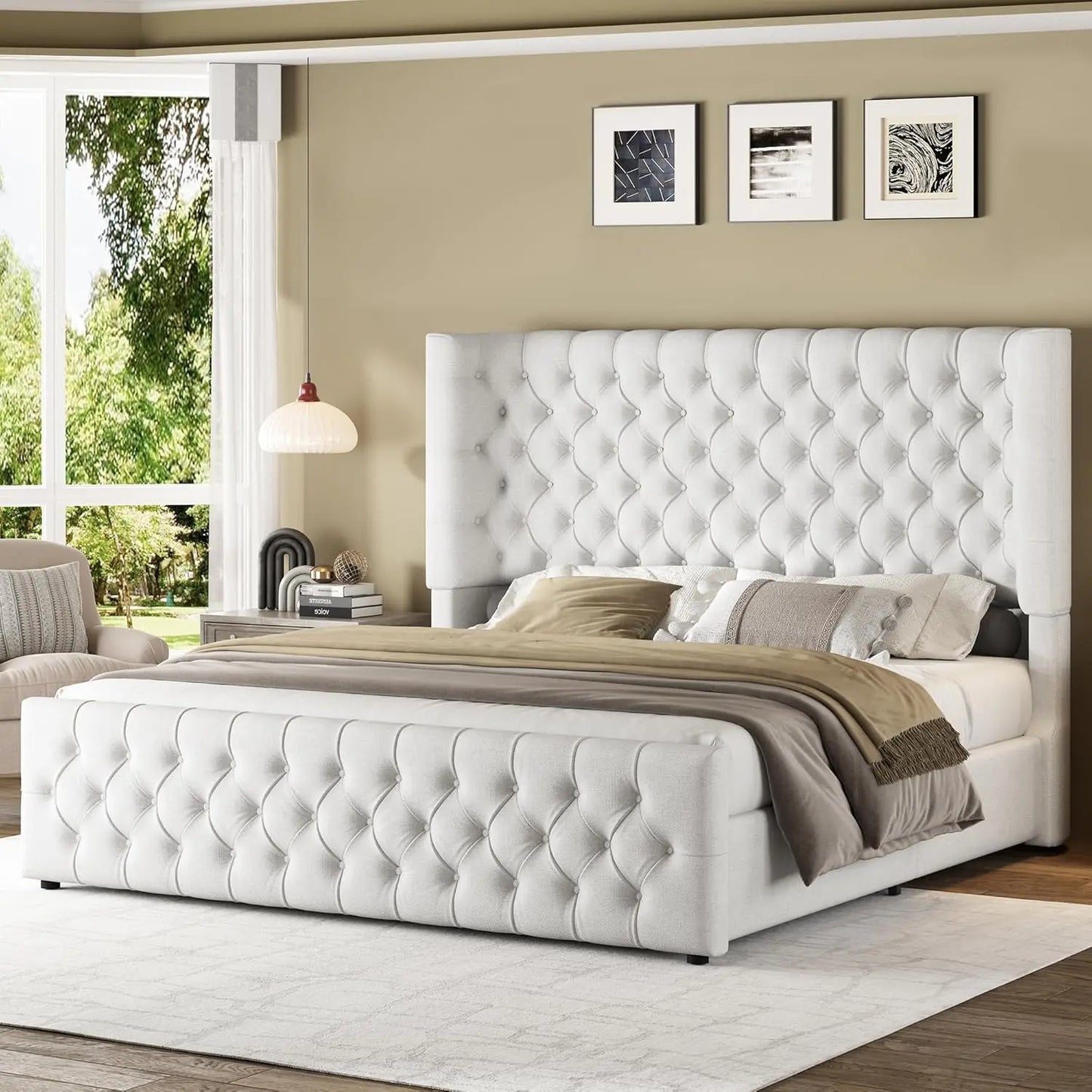 Platform Bed Frame With Upholstered Wingback Headboard Footboard Tufted
