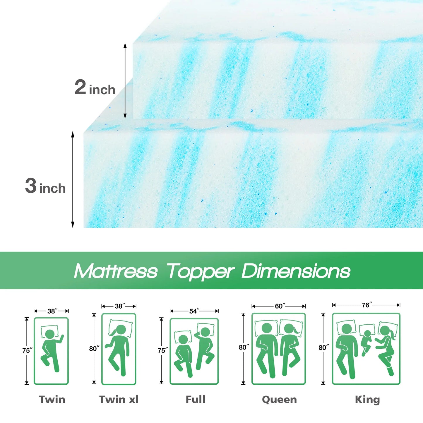 JHK Gel Memory Foam Mattress Topper For Bed Breathable Comfort