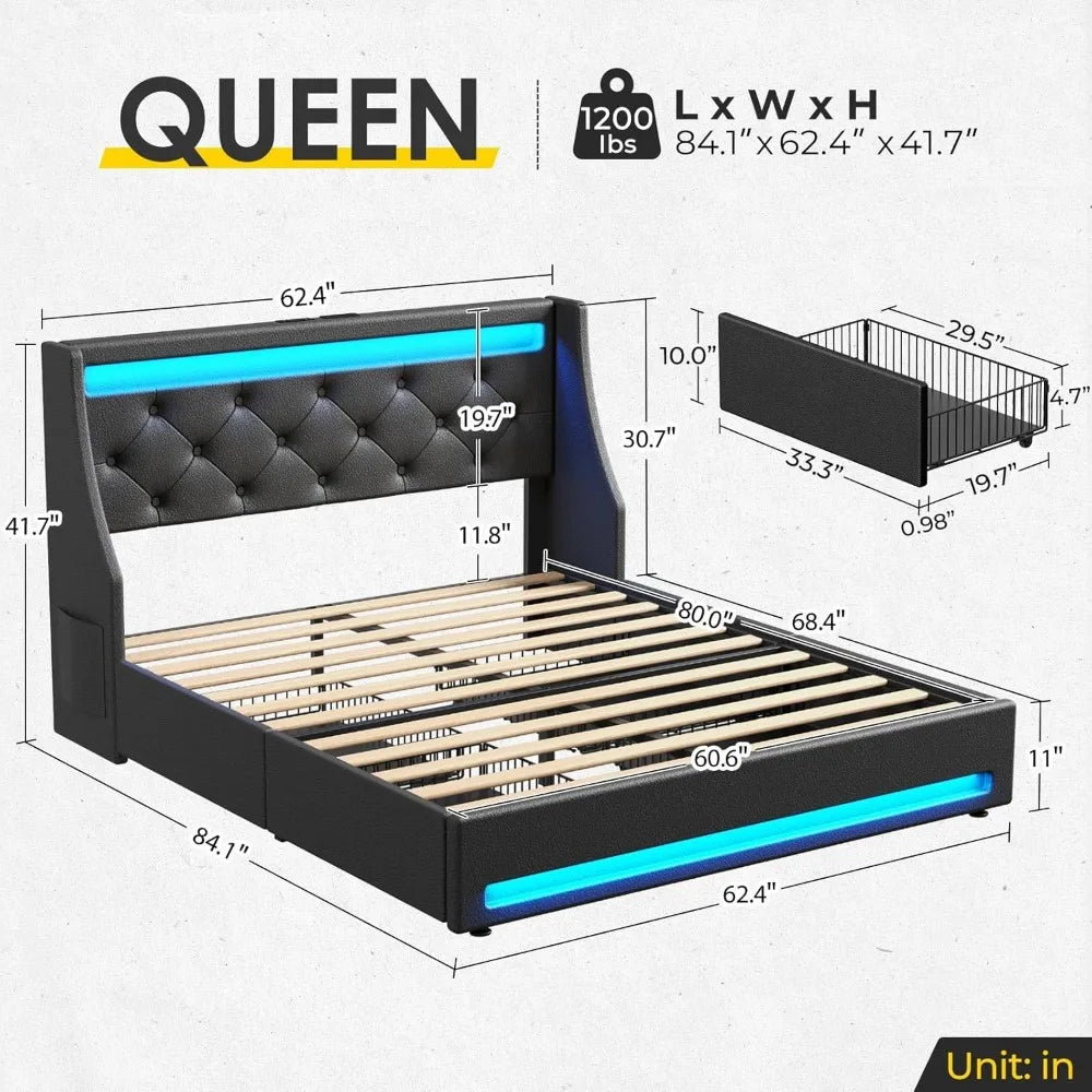 Luxury LED Bed Frame With Storage Drawers And Charging Station